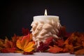 fallen autumn leaves circling a white pillar candle