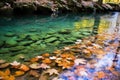 fallen autumn leaves garnishing the heated waters of an eco-friendly spring