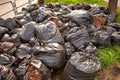 Fallen autumn leaves gathered in biodegradable plastic bags. Black plastic garbage bags in the park, autumn cleaning