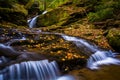 Fallen autumn leaves and a waterfall on Oakland Run in Holtwood, Pennsylvania. Royalty Free Stock Photo