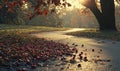 Fallen berries on a sunlit autumn park path at sunrise Royalty Free Stock Photo
