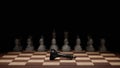 Fallen black chess king in front of the white opposing army. Defeat, failure, coup concept. Digital 3D rendering