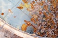 Fallen different colourful leaves floating in swimming pool water fountain, top view Royalty Free Stock Photo