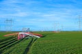 Fallen electricity pylon. Unused transmissions or power towers taken down near nuclear power plant due to deactivation of reactor. Royalty Free Stock Photo