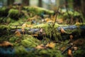 fallen leaves on the mossy forest floor Royalty Free Stock Photo