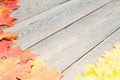 Fallen leaves on a wooden table. Yellow and red leaves on old table boards. Autumn leaves fallen on the table. Royalty Free Stock Photo