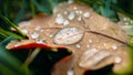 A fallen oak leaf lies in the green grass covered with dew drops on a fine autumn day Royalty Free Stock Photo