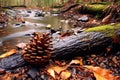 fallen pine cone near a babbling brook Royalty Free Stock Photo