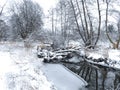 Fallen, Snow Covered Trees Over a River: Trees lay over a river on a winter day, snow covered from a fresh snow fall as ice builds Royalty Free Stock Photo
