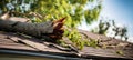 fallen tree branch on damaged house roof after hurricane. property insurance. banner Royalty Free Stock Photo