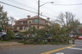 Fallen tree damaged house in the aftermath of Hurricane Sandy in Brooklyn, New York Royalty Free Stock Photo