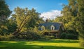 Fallen tree near charming brick house surrounded by lush greenery and blue sky Royalty Free Stock Photo