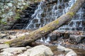 Fallen tree rests against the base of a tiered reservoir waterfall Royalty Free Stock Photo