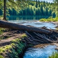 fallen tree on the river, beaver dam Royalty Free Stock Photo