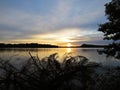 Sunset Over Beautiful Lake Seen Through Trees with Cloudy Sky in backgroundFallen Tree at Sunset Over Beautiful Lake with Cloudy S Royalty Free Stock Photo