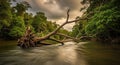 Fallen Tree Trunk with Exposed Roots Submerged in a Flowing Forest River Under a Dramatic Sky Royalty Free Stock Photo