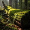 A fallen tree trunk in a forest is covered in lush green moss Royalty Free Stock Photo