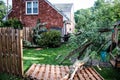 Fallen tree - wind damage to treehouse Royalty Free Stock Photo
