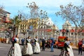 Falleras, the representatives of Fallas festival, parade in traditional dress during the Fallas of Valencia