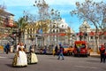 Falleras, the representatives of Fallas festival, parade in traditional dress during the Fallas of Valencia