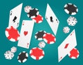 Falling aces cards with red and black chips and different dice on blue background.