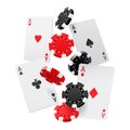 Falling aces and casino chips with isolated on white background. Playing cards, red and black money chips fly. The Royalty Free Stock Photo