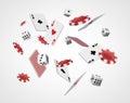 Falling aces, poker chips and dice. Casino game concept. Isolated. Royalty Free Stock Photo