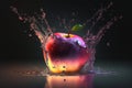 Falling apple into clear water causes splash. Illuminating backlight. Red fruit in the water. Rinsing or washing organic crops.