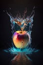 Falling apple into clear water causes splash. Illuminating backlight. Red fruit in the water. Rinsing or washing organic crops.