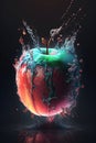 Falling apple into clear water causes splash. Illuminating backlight. Red fruit in the water. Rinsing or washing organic crops.