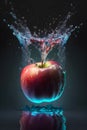 Falling apple into clear water causes splash. Illuminating backlight. Red fruit in the water. Rinsing or washing organic crops.