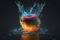 Falling apple into clear water causes splash. Illuminating backlight. Red fruit in the water. Rinsing or washing organic crops.