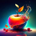 Falling apple into a glass bowl full of water. 3d rendering generative AI