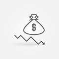 Falling Arrow with Money Bag vector Devaluation concept outline icon Royalty Free Stock Photo
