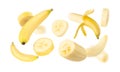 Falling Banana isolated on white background with clipping path, full depth of field.