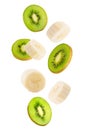 Falling banana and kiwi fruits isolated on white background Royalty Free Stock Photo