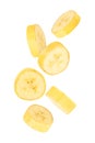 Falling Banana Slices isolated on white background with clipping path, full depth of field.
