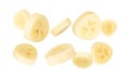 Falling Banana Slices isolated on white background with clipping path, full depth of field.