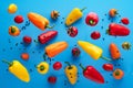 Falling bell pepper and tomatos on blue background. Flying colorful sweet peppers. Banner. Vegetable pattern for packaging design Royalty Free Stock Photo