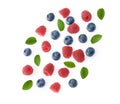 Falling berries of raspberry and blueberry white background