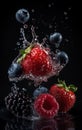 Falling berries and water splash on black background. Ripe strawberries, blueberries and blackberries. Generative AI Royalty Free Stock Photo