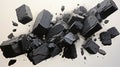 Industrial Poetry: Falling Black Charcoal and Coal Pieces on White Background, Generative AI