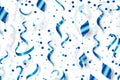 Falling blue confetti and streamers seamless pattern on white background. Generative AI Royalty Free Stock Photo