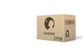 Carton with Danone logo. Editorial 3D animation