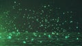 Falling bright green particles bounce on dark background