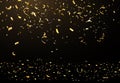 Falling bright shiny gold confetti, stars celebration, serpentine on black background. Confetti flying on the floor. New year,