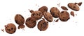 Falling broken chocolate chip cookies isolated on white background with clipping path Royalty Free Stock Photo