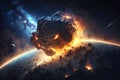 Falling burning asteroid scene, great life extinction moment on the planet, generated ai