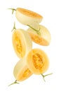 Falling Cantaloupe isolated on white background with clipping path, full depth of field. Royalty Free Stock Photo