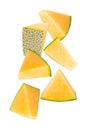 Falling Cantaloupe Melon isolated on white background with clipping path, full depth of field.